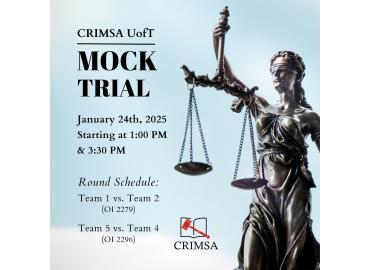 event graphic with text details, logo and wordmark, photo of bronze statue of Justice